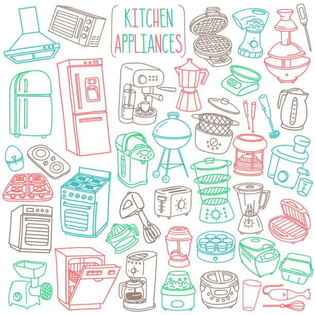 bildbanksillustrationer, clip art samt tecknat material och ikoner med köksapparater doodle set. matlagningsutrustning och faciliteter - större och små apparater, hemelektronik, köksutrustning. - dishwasher cooking
