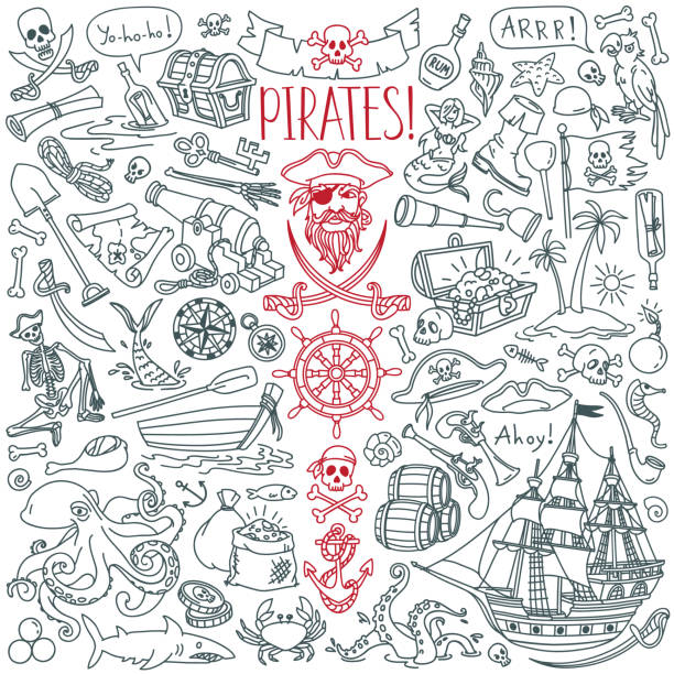 Pirates doodle set. Symbols of piracy - hat, swords, guns, treasure chest, ship, black flag, jolly roger emblem, skull and crossbones, compass. Hand drawn vector illustration isolated on background boat captain illustrations stock illustrations