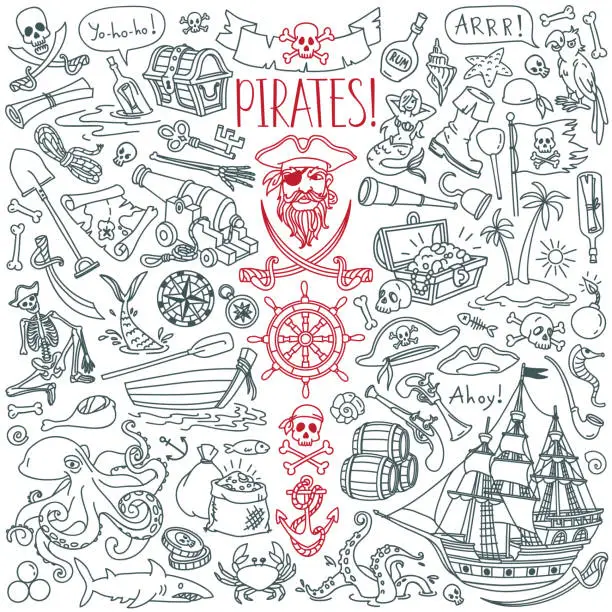 Vector illustration of Pirates doodle set. Symbols of piracy - hat, swords, guns, treasure chest, ship, black flag, jolly roger emblem, skull and crossbones, compass.