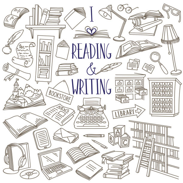 Reading and writing doodle set. Books, magazines, newspapers, letters, piles of books, library catalog, bookshelf, typewriter. Hand drawn vector illustration isolated on white background book illustrations stock illustrations
