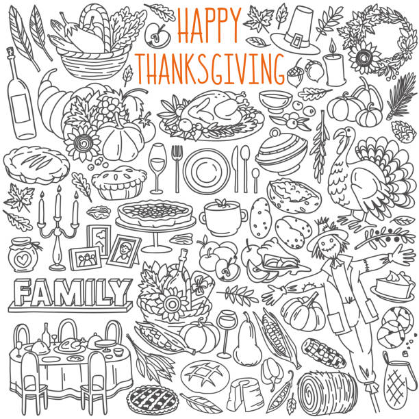 illustrations, cliparts, dessins animés et icônes de ensemble de doodle de thanksgiving. symboles traditionnels, nourriture et boissons - dinde, tarte à la citrouille, maïs, vin. - thanksgiving turkey illustrations