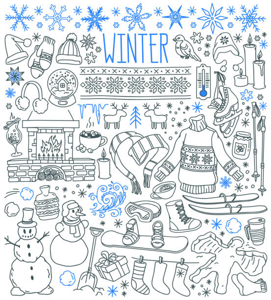 Winter season themed doodle set - snowflakes, icicles, classic ornaments, knitted wear, winter sports. Hand drawn vector illustration isolated on white background. snowflake shape drawings stock illustrations