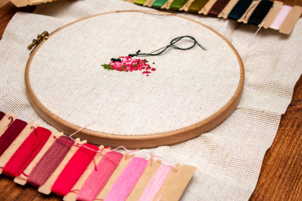istock Cross stitching embroidery process. Needle embroidery frame threads. Hobby DIY lifestyle. 1251763662