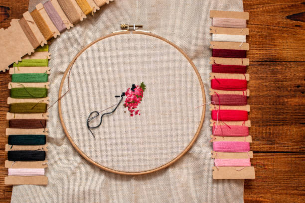 istock Cross stitching embroidery process. Needle embroidery frame threads. Hobby DIY lifestyle. 1251763667
