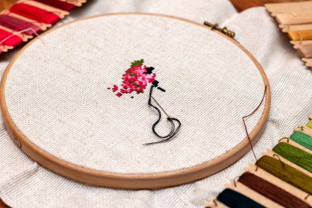istock Cross stitching embroidery process. Needle embroidery frame threads. Hobby DIY lifestyle. 1251763668