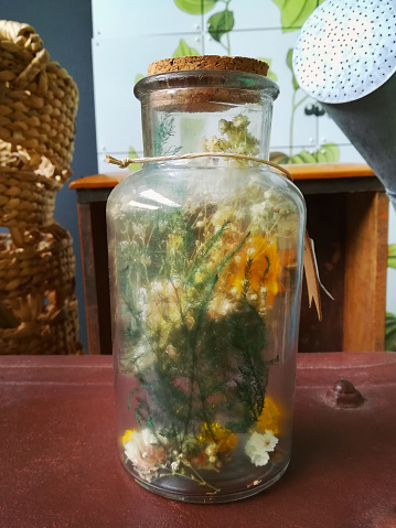 home decor glass bottle with flowers, vintage retrò style