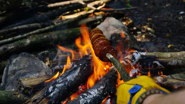 Photo of Cooking banger (sujuk) on campfire in forest, Camping in nature