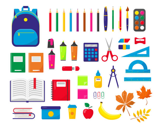 School supplies and backpack set vector icons illustration on white background. Back to school concept. School supplies and backpack set vector icons illustration on white background. Back to school concept. school supplies stock illustrations