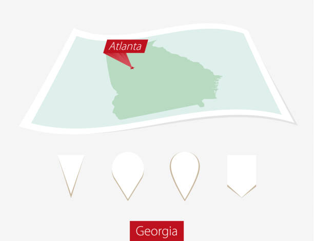 ilustraciones, imágenes clip art, dibujos animados e iconos de stock de mapa de papel curvo del estado de georgia con la capital atlanta sobre fondo gris. cuatro conjuntos de pines de mapa diferentes. - atlanta georgia icon set computer icon georgia