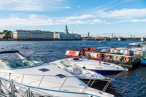 Yachts parking at the port of  Bolshaya Neva River, the largest armlet of the river Neva in St Petersburg, Russia.