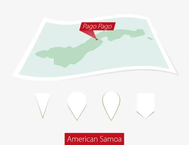 Vector illustration of Curved paper map of American Samoa with capital Pago Pago on Gray Background. Four different Map pin set.