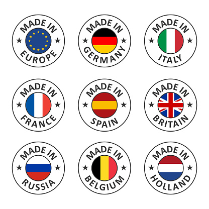 set of vector labels made in spain, italy, germany, france, belgium, russia, holland, britain and made in europe, european union flag logo stamp