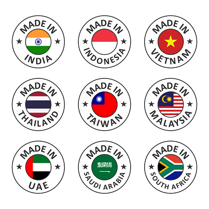 set of vector labels made in india, indonesia, vietnam, thailand, taiwan, malaysia, uae, saudi arabia and south africa, world union flag logo stamp