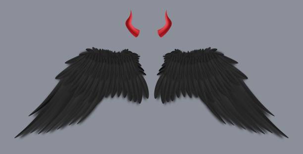 stockillustraties, clipart, cartoons en iconen met sjabloon van duivels zwarte vleugels en hoorns realistische geïsoleerde vectorillustratie. - engelenpak