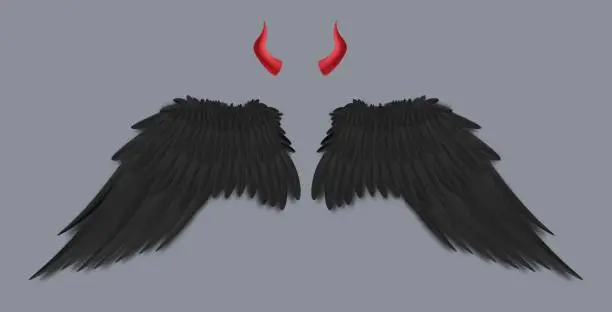 Vector illustration of Template of devil black wings and horns realistic vector illustration isolated.