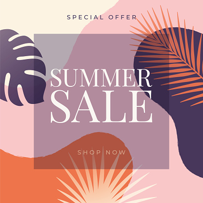 Summer tropical sale banner with palm leaves and exotic plants. Stock illustration