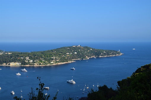 Panoramic view of Saint-Jean-Cap-Ferrat, French Riviera, coast and sea