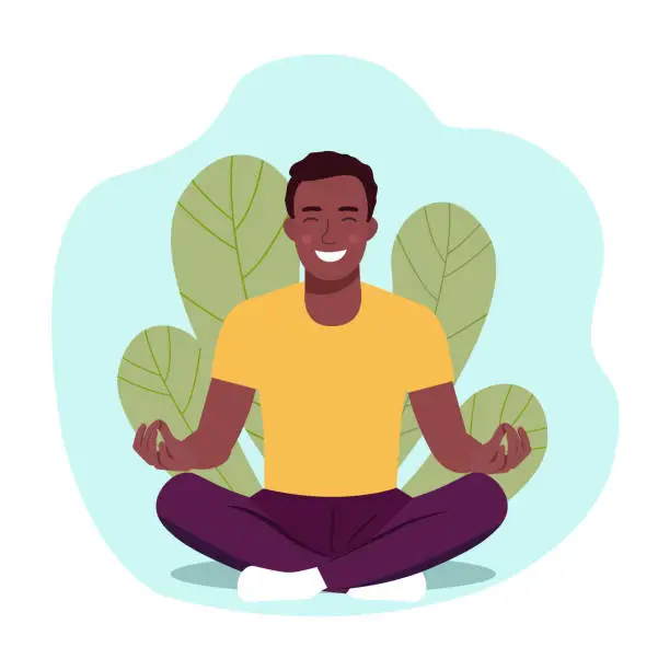 Vector illustration of Young afro American man doing yoga. Man relaxing in the lotus position. Vector flat illustration.