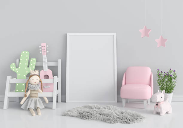 istock Empty photo frame for mockup in child room, 3D rendering 1251850471