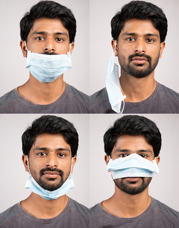 Collage de hombre joven en el uso indebido de mascarillas quirúrgicas - Conciencia, concepto de seguridad para enmascarar correctamente, para protegerse del coronavirus o brote de covid-19 photo