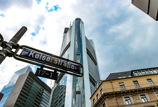 Kaiserstraße street sign and Commerzbank tower by architect Norman Foster, tallest building in the European Union (2020). Kaiserstraße has long been synonymous with the red light district in Frankfurt, Germany.