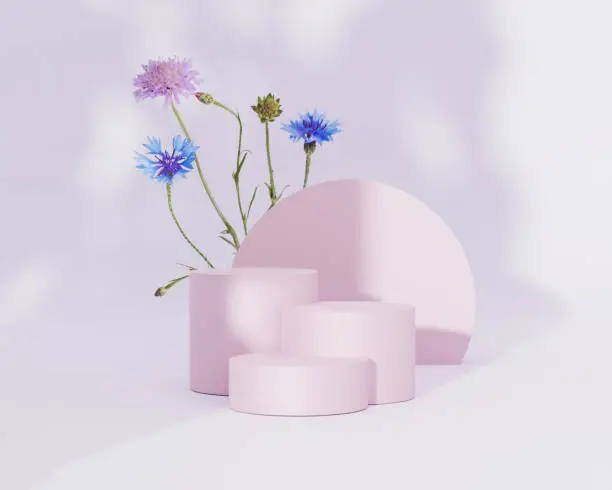 Photo of 3D podium display set on pastel pink  and nature white background copy space with field flowers, cornflower and summer shadow. Lilac Showcase pedestal. Trendy abstract 3D render illustration template