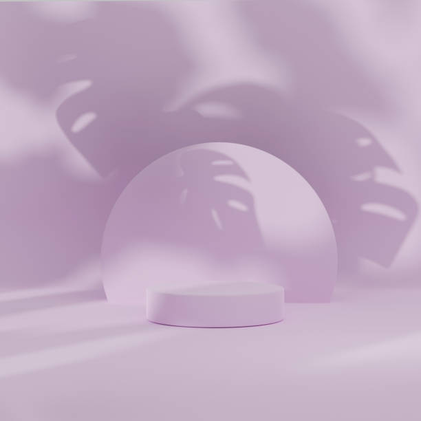 istock 3D podium display on pastel violet background. Monstera palm leaves shadow. Summer abstract lilac pedestal showcase with purple copy space frame. Trendy empty 3D render mockup template for banner. 1251878580