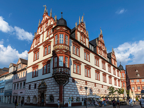Coburg, Germany - August 31, 2019 - View of city house (Stadthaus) on the Marktplatz square of Coburg, Bavaria, in Germany