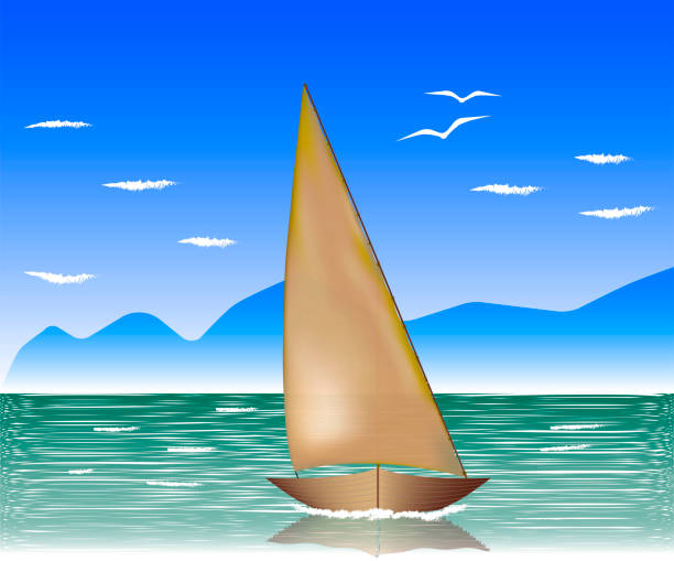 starożytna żaglowa łódź rybacka używana w południowo-wschodniej azji przez biednych rybaków i rybaków perłowych na tle morza i górzystego wybrzeża. - southeast england illustrations stock illustrations
