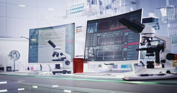 Futuristic laboratory equipment. DNA research on computer screens Modern laboratory interior. Genetic Research Laboratory dna purification stock pictures, royalty-free photos & images