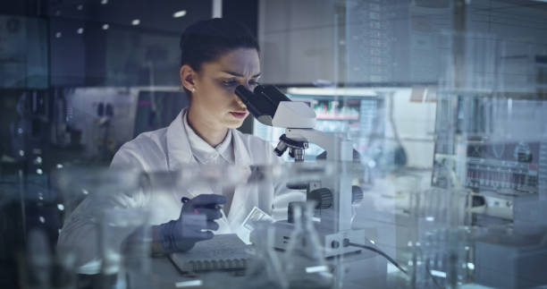 istock Female scientist working after hours. Research team in background 1251894600