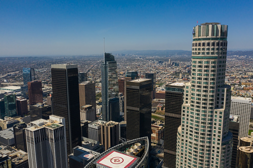 Aerial shot of corporate buildings in Los Angeles downtown at sunny day in California