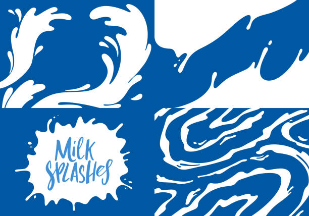 만화 스타일의 우유 스플래시의 벡터 일러스트레이션. 푸른 배경에 은하파도. 템플릿 우유 패키지 디자인 - drop abstract blob water stock illustrations