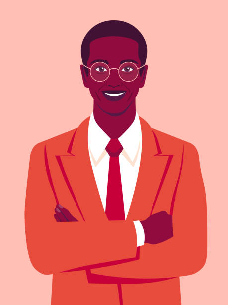 portret szczęśliwego afrykańskiego mężczyzny ze skrzyżowanymi ramionami i ubranym w garnitur. zawodów biurowych. - businessman business arms crossed business person stock illustrations