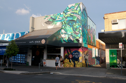 Brisbane, Queensland, Australia - 29th January 2020 : View of a beautiful mural on a building facade in the famous Boundary St. in West End area, Brisbane