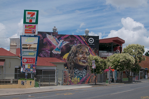 Brisbane, Queensland, Australia - 29th January 2020 : View of a beautiful mural on a building facade in the famous Boundary St. in West End area, Brisbane