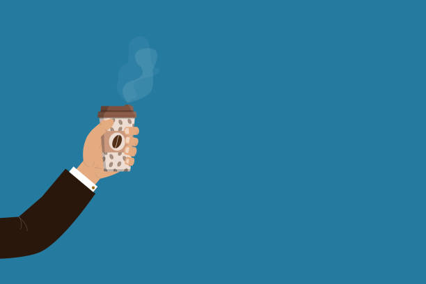 Business man holding a coffee cup. Disposable coffee cup with coffee bean figure. Business man holding a coffee cup, coffee in a disposable coffee cup, coffee bean figure on coffee cup vector illustration. Takeout food and drink, takeway food and drink, fast food, coffee addiction concepts. Blue background. coffee cup coffee hot chocolate coffee bean stock illustrations