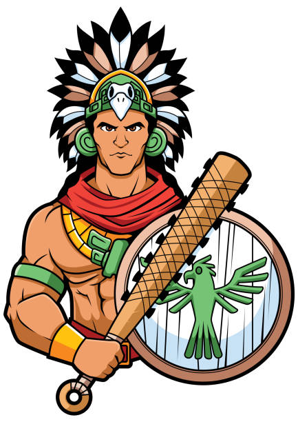 ilustraciones, imágenes clip art, dibujos animados e iconos de stock de mascota guerrero azteca - dibujos aztecas