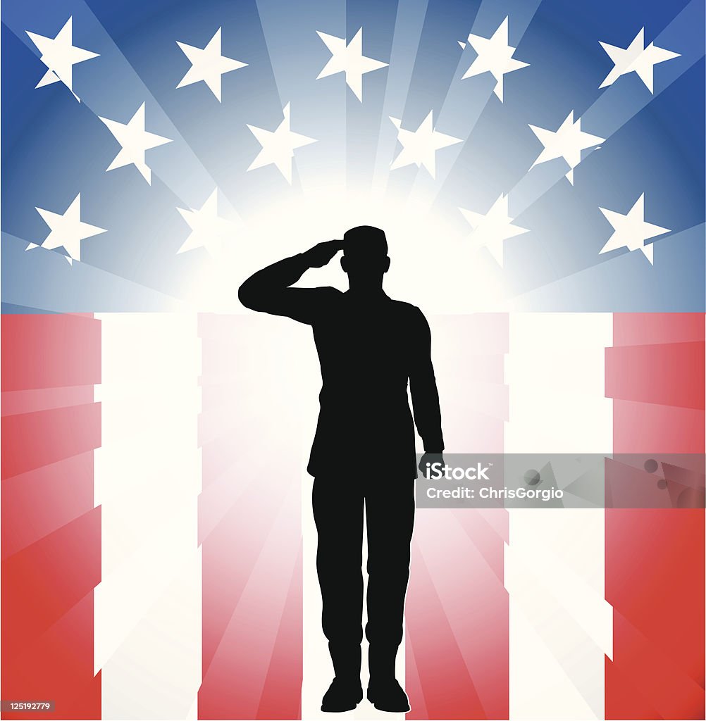 Silhouette of a soldier saluting on a flag themed background A patriotic soldier saluting in front of an American background Saluting stock vector