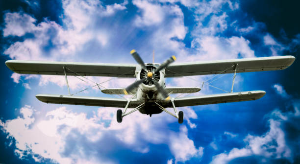 istock Biplane landing with cloudy sky on the background. 1251951384