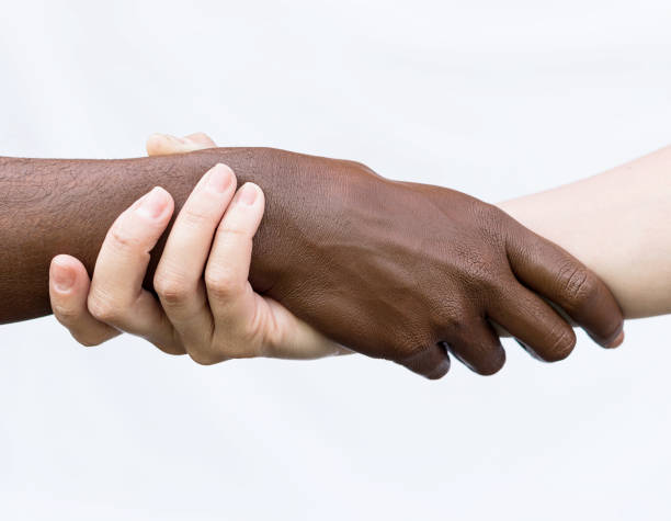 Black-and-white human arms wrapped around each other. The concept of combating racism, friendship, equality Black-and-white human arms wrapped around each other. The concept of combating racism, of community, friendship, equality. racial equality photos stock pictures, royalty-free photos & images
