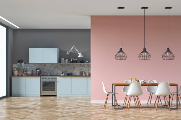 Modern kitchen and dining room stock photo Empty modern kitchen with appliances, dining table with pendant lights on hardwood floor. Slight  vintage effect applied. 3d rendered image. light blue photos stock pictures, royalty-free photos & images