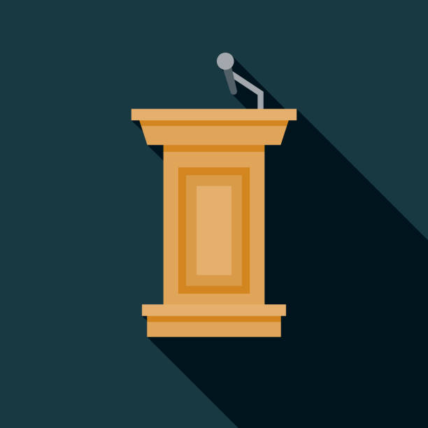 Debate Podium US Election Icon A flat design US election icon with long side shadow. File is built in the CMYK color space for optimal printing. Color swatches are global so it’s easy to change colors across the document. gop debate stock illustrations