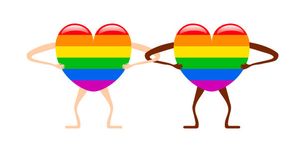 인간 무지개 심장 모양의 커플 - heart shape gay pride gay pride flag lesbian stock illustrations