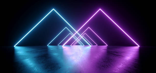 istock Glowing Triangle Arc Gate Neon Laser Blue Purple Warehouse beams Studio Lights Industrial Background Concrete Grunge Hallway Tunnel Corridor Dark Cyber Virtual Underground 3D Rendering 1251959174