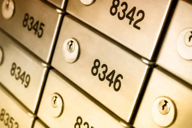 Photo of Safety deposit box wallpaper. Numerous secure safety deposit boxes with lock and number plate. Insurance banking concept.