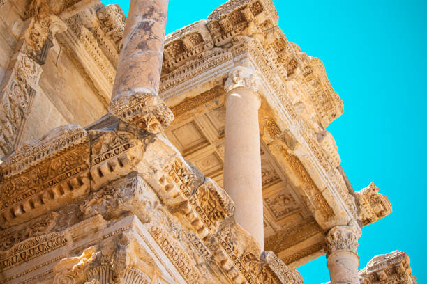 Architectural motifs of library of Celsus Close up detail view of architectural motifs of library of Celsus in Greek ancient city of Ephesus, Turkey. greco stock pictures, royalty-free photos & images