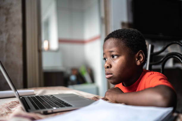 istock Child with laptop on a online class at home 1251969257