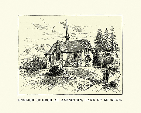 Vintage illustration of English Church at Axenstein, Lake of Lucerne, Switerland, 19th Century