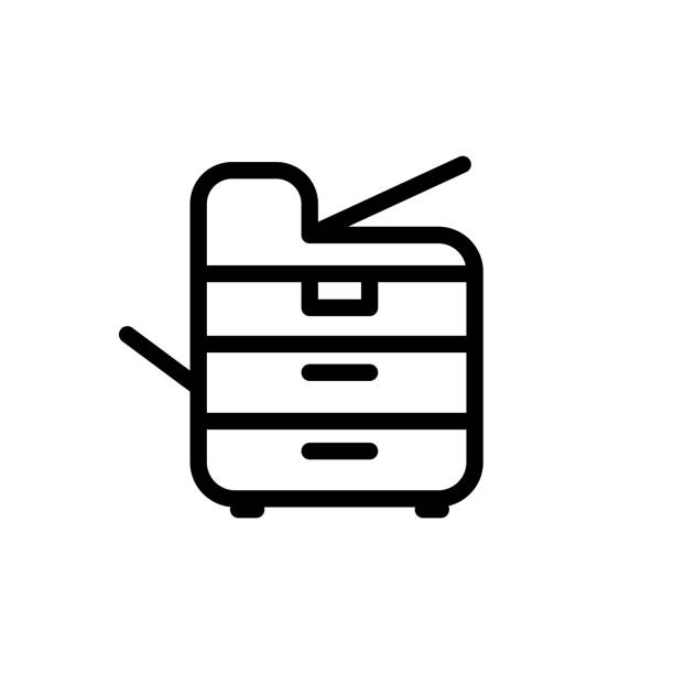 multifunktionsdrucker, photocopier linie flache vektor-symbol - buttoning stock-grafiken, -clipart, -cartoons und -symbole